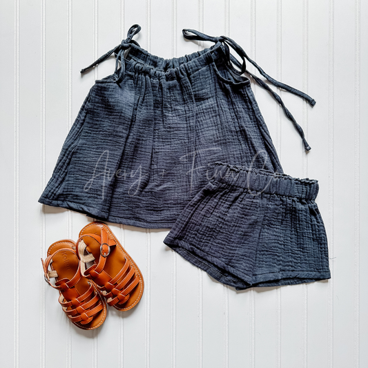Navy Flowy Muslin Two Piece Set