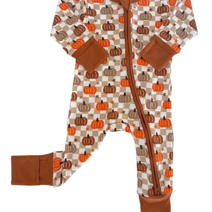 Brown Pumpkin Checkered Zip Romper