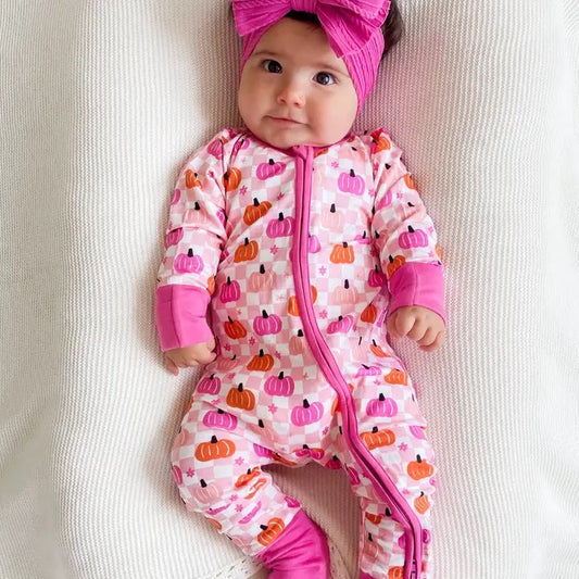 Pink Pumpkin Checkered Zip Romper